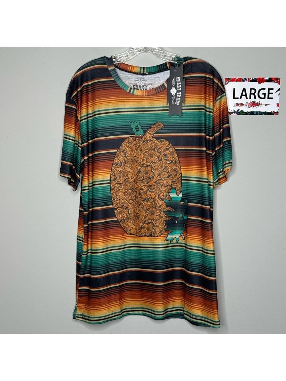 Crazy Train Large Vibrant Stripe Toiled Leather Pumpkin Tee